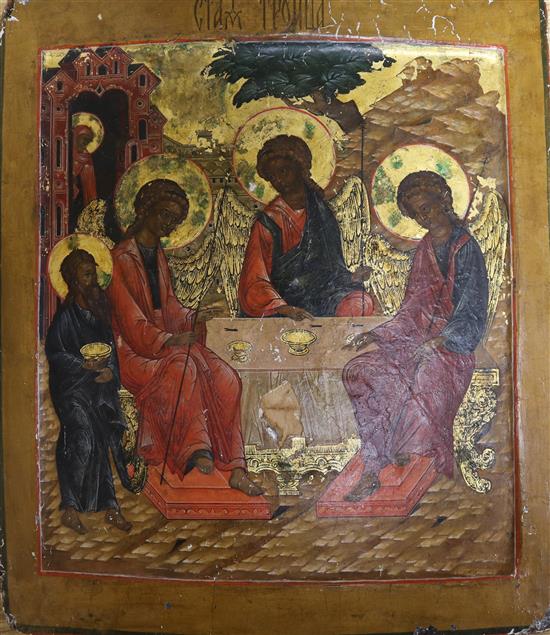 19th century Russian School, tempera on panel, Icon with three saints 30 x 26cm.